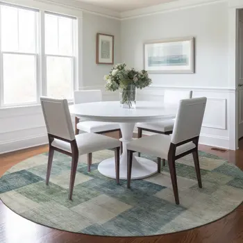 8' Blue Round Geometric Washable Indoor Outdoor Area Rug