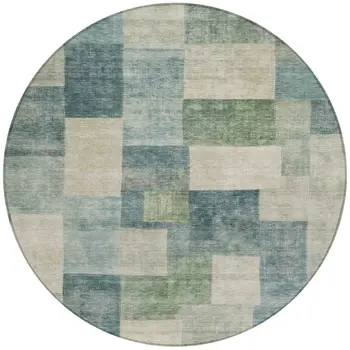 8' Blue Round Geometric Washable Indoor Outdoor Area Rug