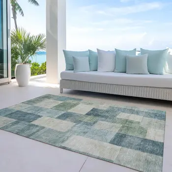 9' X 12' Blue Geometric Washable Indoor Outdoor Area Rug