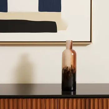 11" Amber Cream And Dark Brown Abstract Glass Table Vase