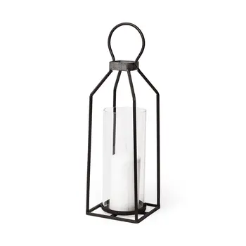19" Black Distressed Geometric Metal And Glass Tabletop Lantern Candle Holder