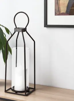 19" Black Distressed Geometric Metal And Glass Tabletop Lantern Candle Holder