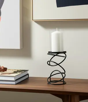 14" Black Geometric Glass And Metal Tabletop Pillar Candle Holder