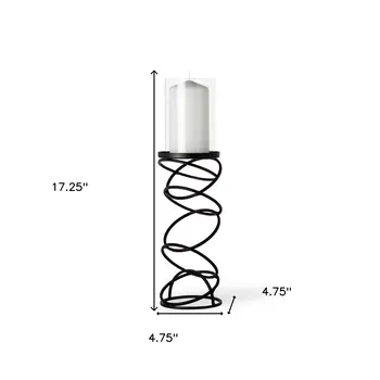 17" Black Geometric Glass And Metal Tabletop Pillar Candle Holder