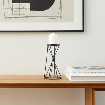 11" Black Distressed Geometric Metal Tabletop Pillar Candle Holder