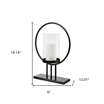 16" Black Geometric Metal Tabletop Hurricane Candle Holder