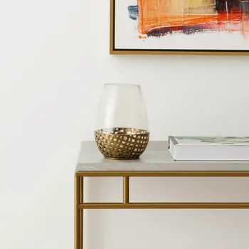 8" Gold Woven Metal And Glass Tabletop Hurricane Candle Holder