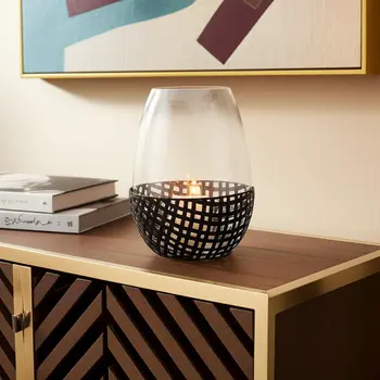 10" Black Woven Metal And Glass Tabletop Hurricane Candle Holder