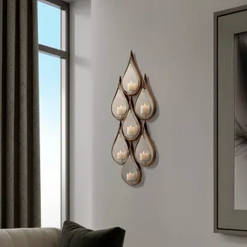 52" Gold And Gray Distressed Geometric Glass And Metal Wall Sconce Candle Holder