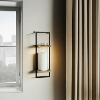 20" Black And Bronze Distressed Geometric Metal And Glass Wall Sconce Candle Holder