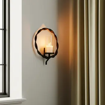 5" Black Distressed Geometric Metal And Glass Wall Sconce Candle Holder