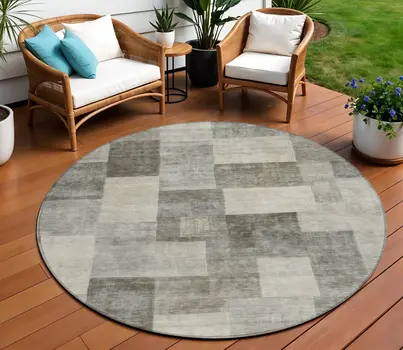 8' Taupe Round Geometric Washable Indoor Outdoor Area Rug