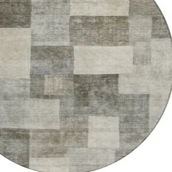 8' Taupe Round Geometric Washable Indoor Outdoor Area Rug
