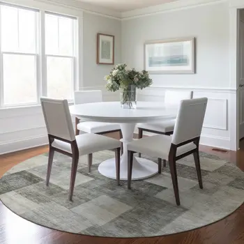 8' Taupe Round Geometric Washable Indoor Outdoor Area Rug