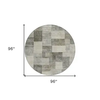 8' Taupe Round Geometric Washable Indoor Outdoor Area Rug