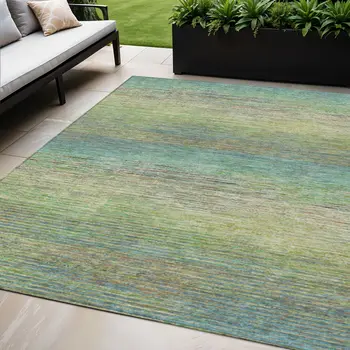 5' X 8' Artichoke Green Striped Washable Indoor Outdoor Area Rug