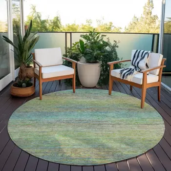 8' Artichoke Green Round Striped Washable Indoor Outdoor Area Rug