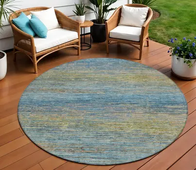 8' Denim Blue Round Striped Washable Indoor Outdoor Area Rug