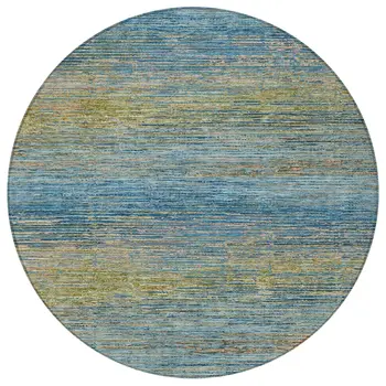 8' Denim Blue Round Striped Washable Indoor Outdoor Area Rug