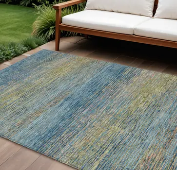 9' X 12' Denim Blue Striped Washable Indoor Outdoor Area Rug