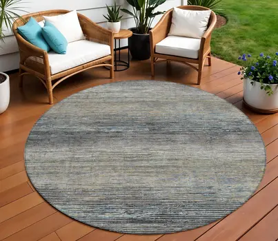 8' Granite Gray Round Striped Washable Indoor Outdoor Area Rug