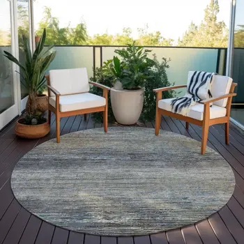 8' Granite Gray Round Striped Washable Indoor Outdoor Area Rug