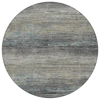 8' Granite Gray Round Striped Washable Indoor Outdoor Area Rug