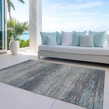 9' X 12' Granite Gray Striped Washable Indoor Outdoor Area Rug