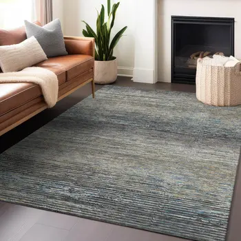9' X 12' Granite Gray Striped Washable Indoor Outdoor Area Rug
