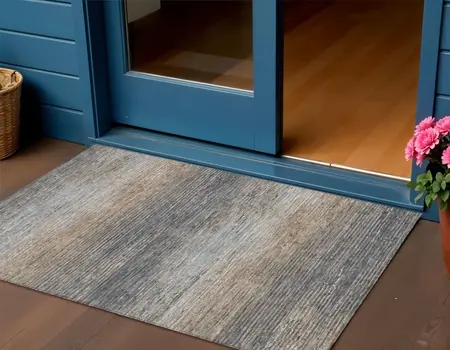 3' X 5' Pewter Striped Washable Indoor Outdoor Area Rug