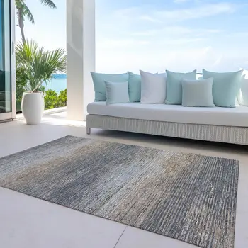 3' X 5' Pewter Striped Washable Indoor Outdoor Area Rug