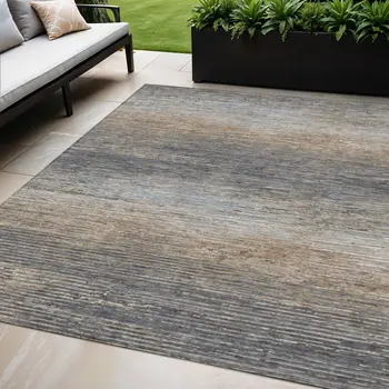 5' X 8' Pewter Striped Washable Indoor Outdoor Area Rug