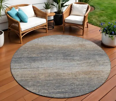 8' Pewter Round Striped Washable Indoor Outdoor Area Rug