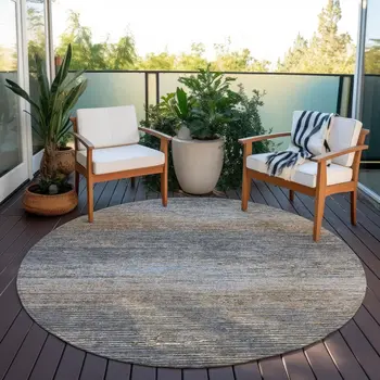 8' Pewter Round Striped Washable Indoor Outdoor Area Rug