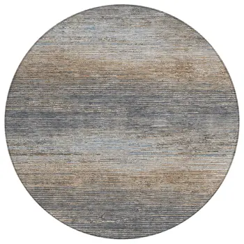 8' Pewter Round Striped Washable Indoor Outdoor Area Rug