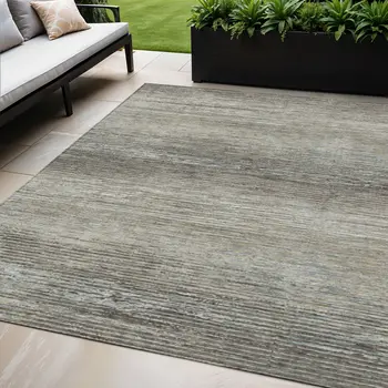 5' X 8' Taupe Striped Washable Indoor Outdoor Area Rug