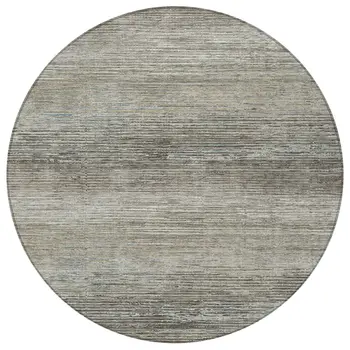 8' Taupe Round Striped Washable Indoor Outdoor Area Rug