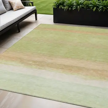 5' X 8' Artichoke Green Striped Washable Indoor Outdoor Area Rug