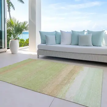 5' X 8' Artichoke Green Striped Washable Indoor Outdoor Area Rug