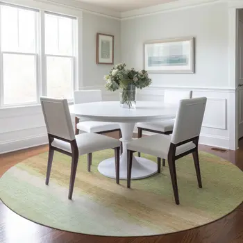 8' Artichoke Green Round Striped Washable Indoor Outdoor Area Rug