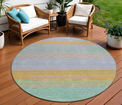 8' Lavender Round Striped Washable Indoor Outdoor Area Rug