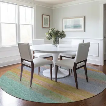 8' Lavender Round Striped Washable Indoor Outdoor Area Rug