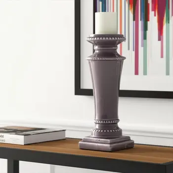 14" Gray Distressed Ornate Ceramic Tabletop Pillar Candle Holder