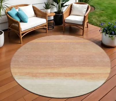 8' Salmon Round Striped Washable Indoor Outdoor Area Rug