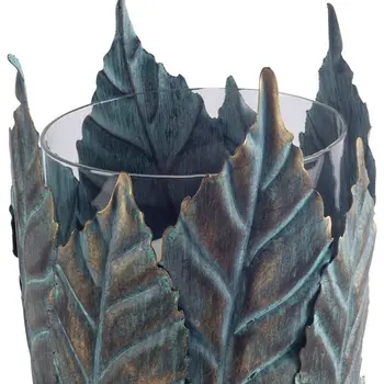 8" Gold Distressed Botanical Leaf Metal And Glass Tabletop Hurricane Candle Holder