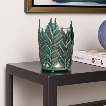 8" Gold Distressed Botanical Leaf Metal And Glass Tabletop Hurricane Candle Holder