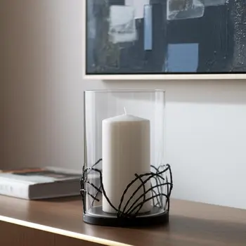 Set of Two Black Botanical Leaf Glass And Metal Tabletop Hurricane Candle Holders