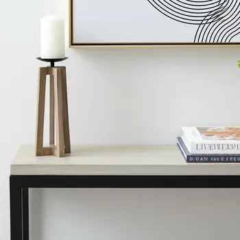 12" Light Brown Distressed Geometric Solid Wood And Metal Tabletop Pillar Candle Holder