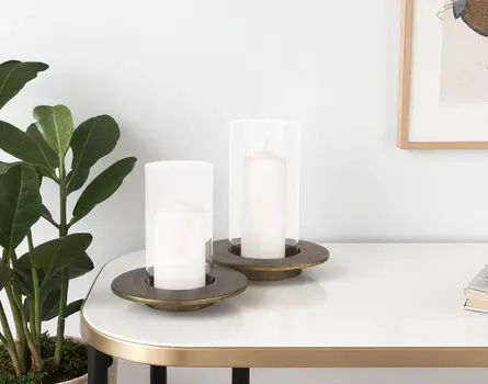 Set of Two Gold Distressed Geometric Metal Tabletop Hurricane Candle Holders