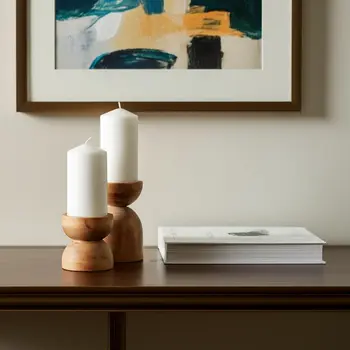 Set of Two Brown Distressed Geometric Solid Wood Tabletop Pillar Candle Holders